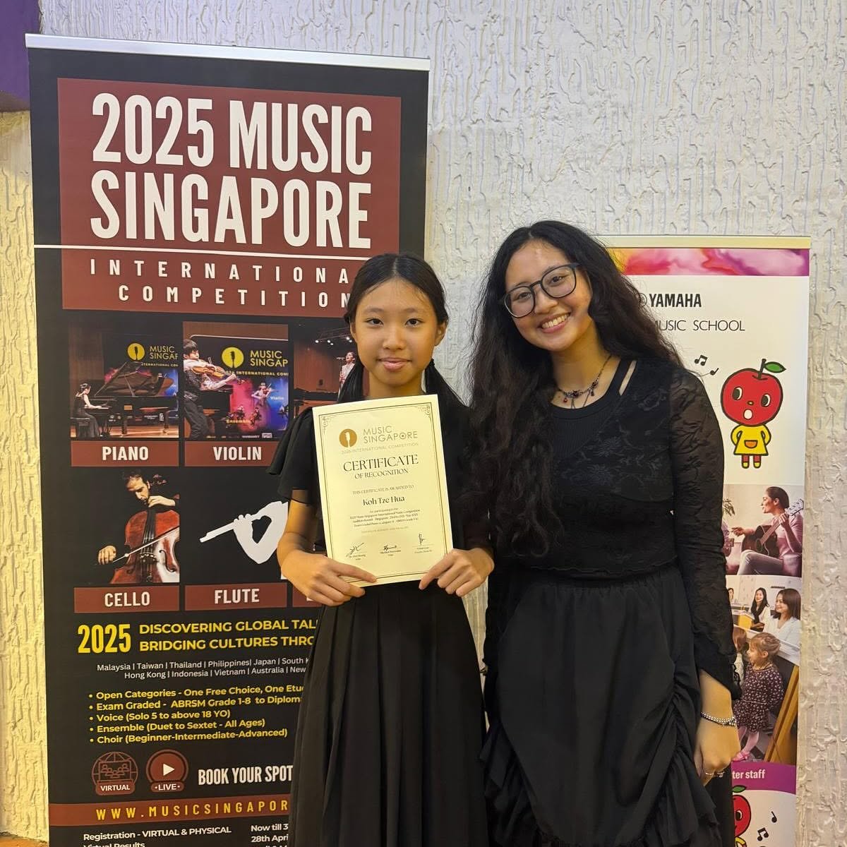 Student receiving her certificate at the Music Singapore 2025 competition